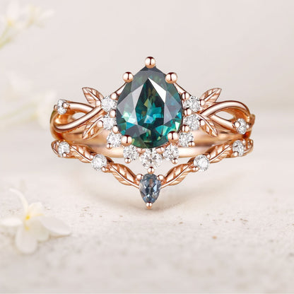 Vintage floral engagement rings Pear Green Lab Sapphire Engagement Ring Set