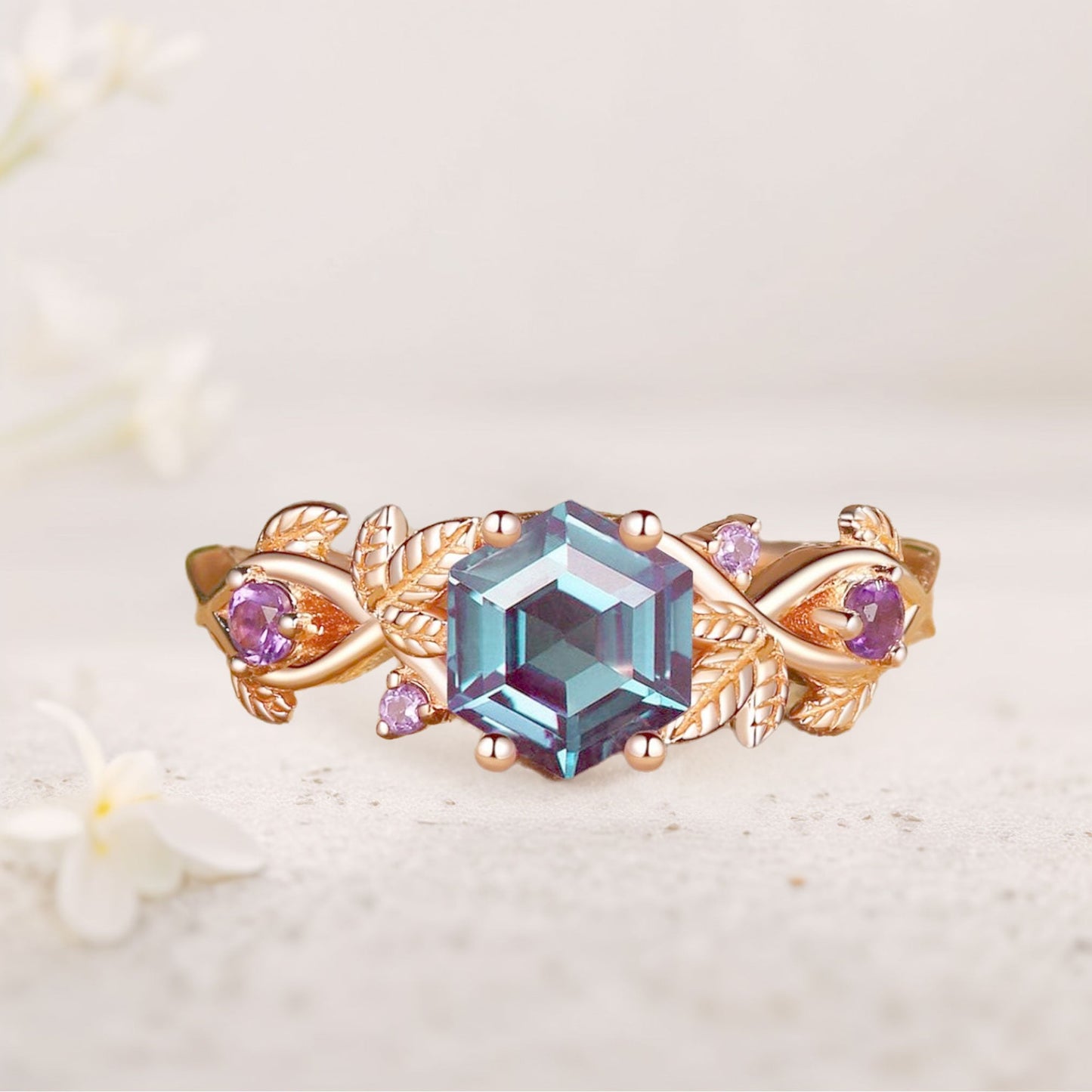 Unique floral engagement rings Hexagon Lab Alexandrite Leafy Engagement Ring