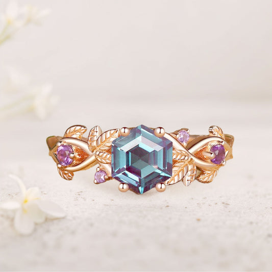 Unique floral engagement rings Hexagon Lab Alexandrite Leafy Engagement Ring