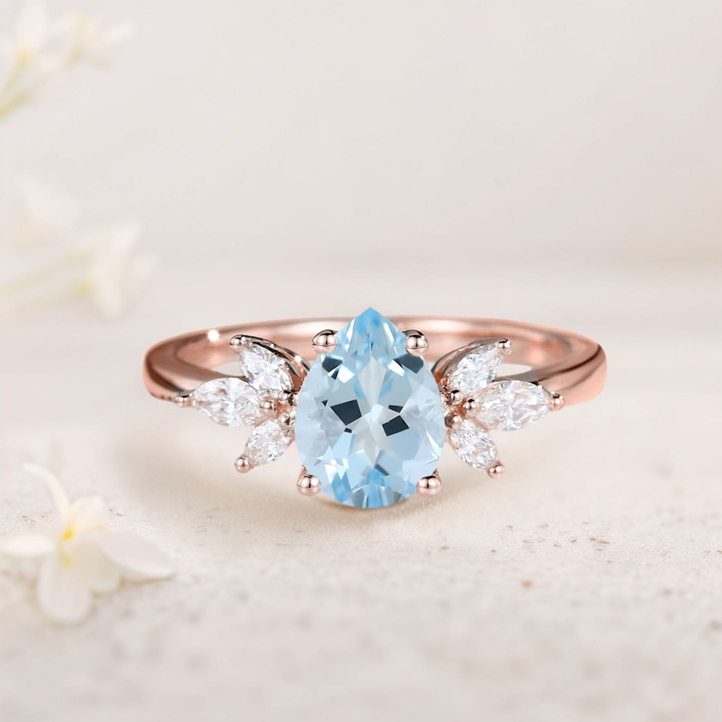 Unique Pear Lab Aquamarine Engagement Ring Simple Cluster Bridal Ring