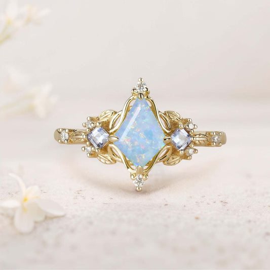 Unique Kite Three Stone Lab Opal Leaf Ring