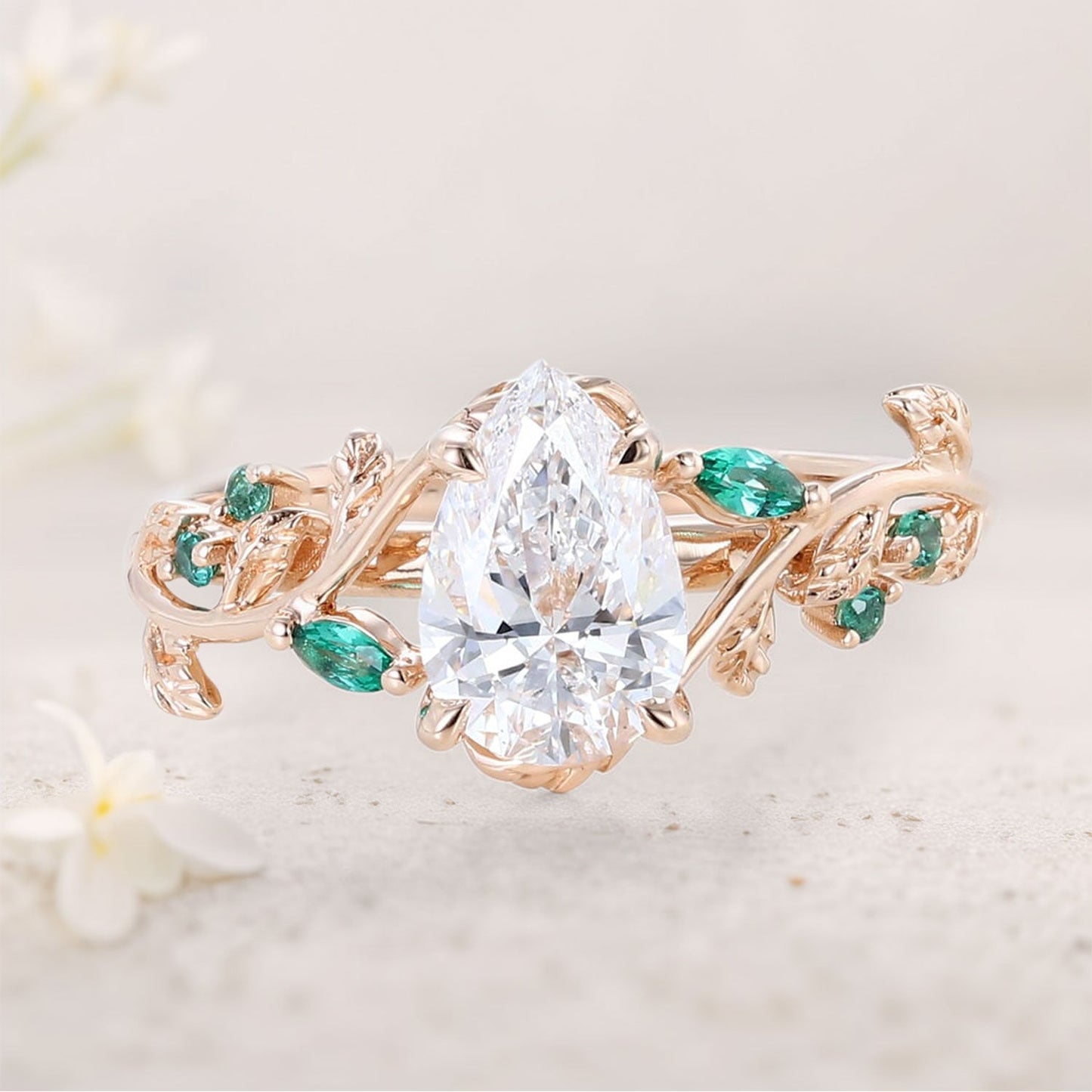 Unique floral engagement rings Pear Moissanite and Emerald Engagement Ring