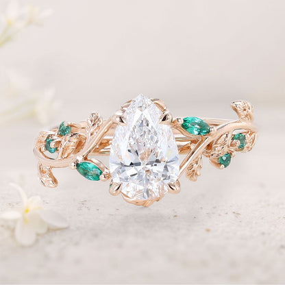 Unique floral engagement rings Pear Moissanite and Emerald Engagement Ring