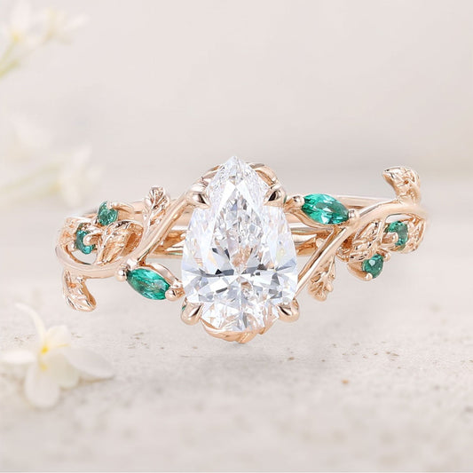 Unique floral engagement rings Pear Moissanite and Emerald Engagement Ring