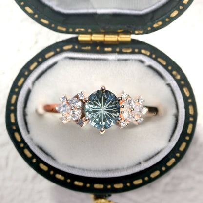 Unique Briar Rose Starbrite Cut Round Green Lab Sapphire Engagement Ring