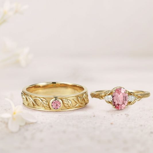 Unique Leaf Design Oval Lab Padparadscha and Moissanite Wedding Ring Promise Ring for Couples