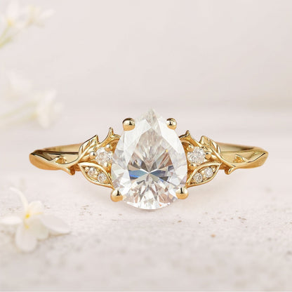 Unique Pear Moissanite Leaf And Vine Inspired Engagement Ring