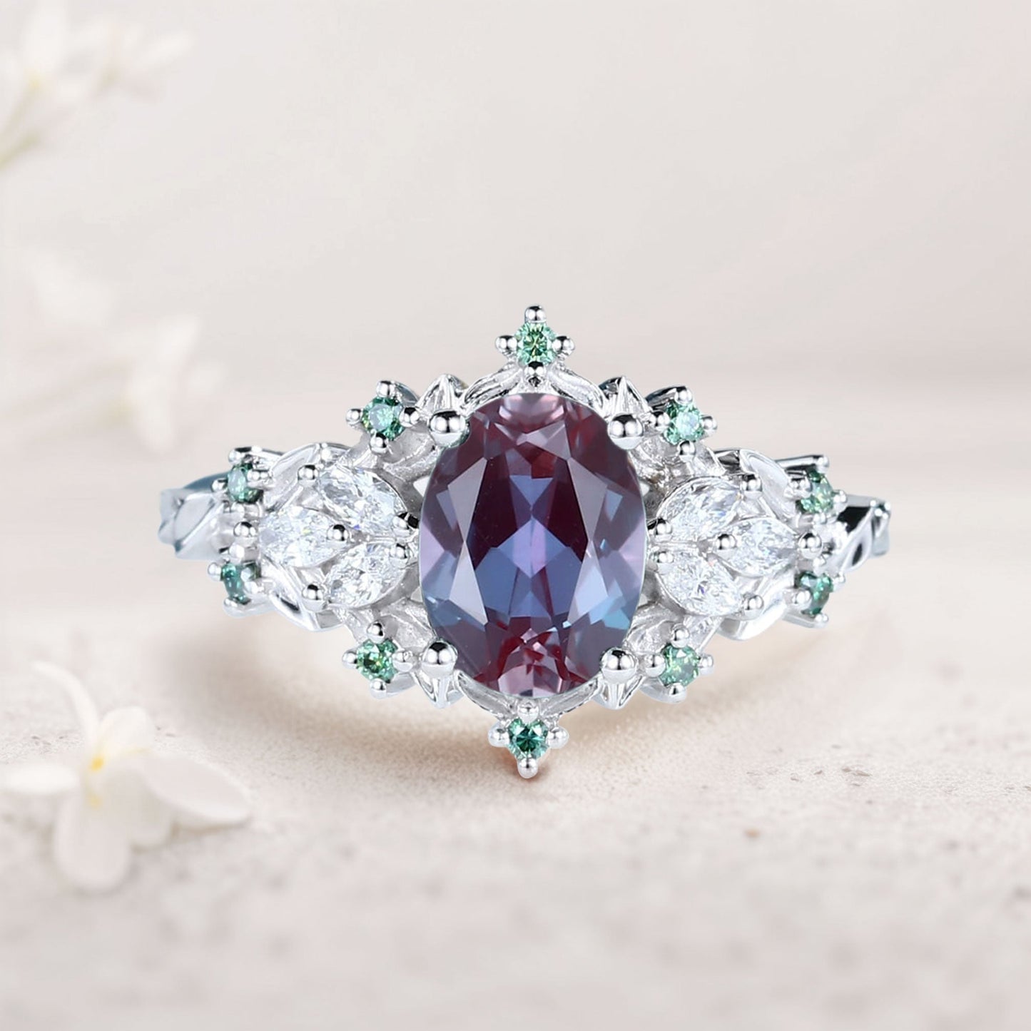 Unique Starlight Oval Lab Alexandrite Engagement Ring
