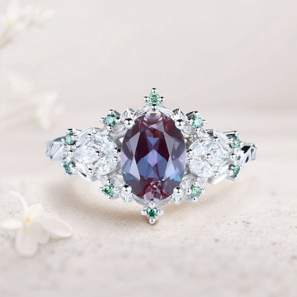 Unique Starlight Oval Lab Alexandrite Engagement Ring