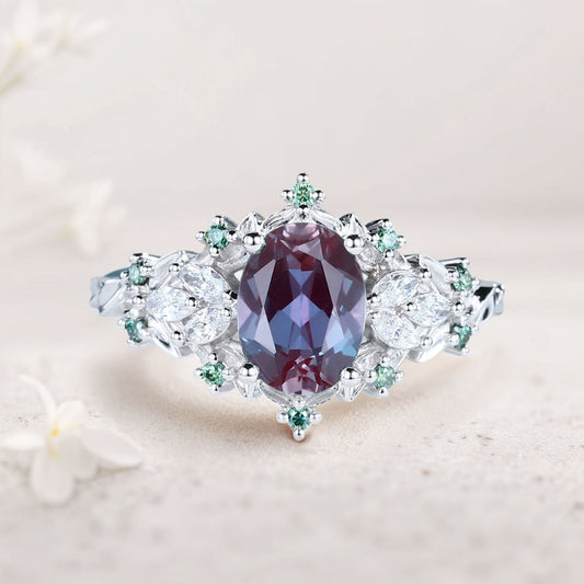 Unique Starlight Oval Lab Alexandrite Engagement Ring