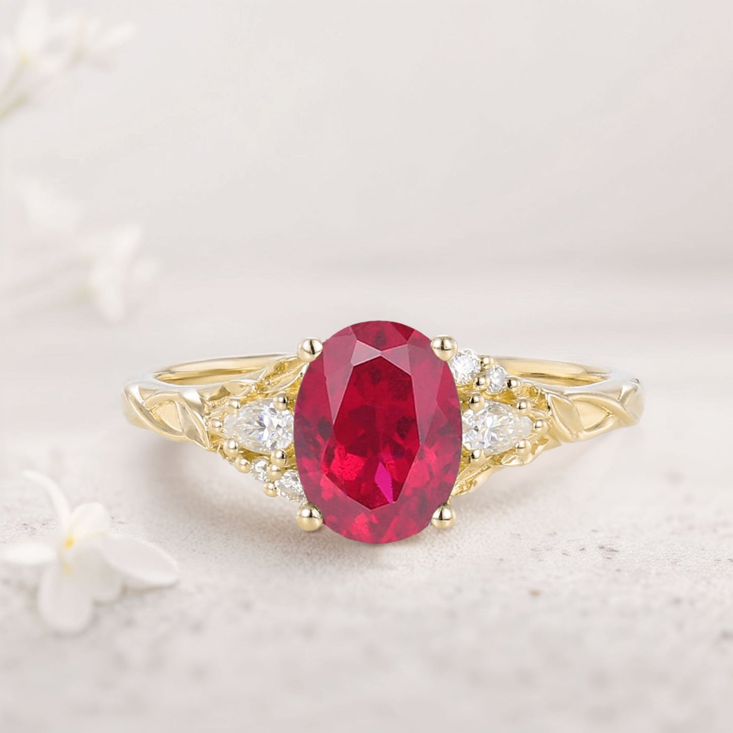 Unique Oval Lab Ruby and Moissanite Wedding Ring
