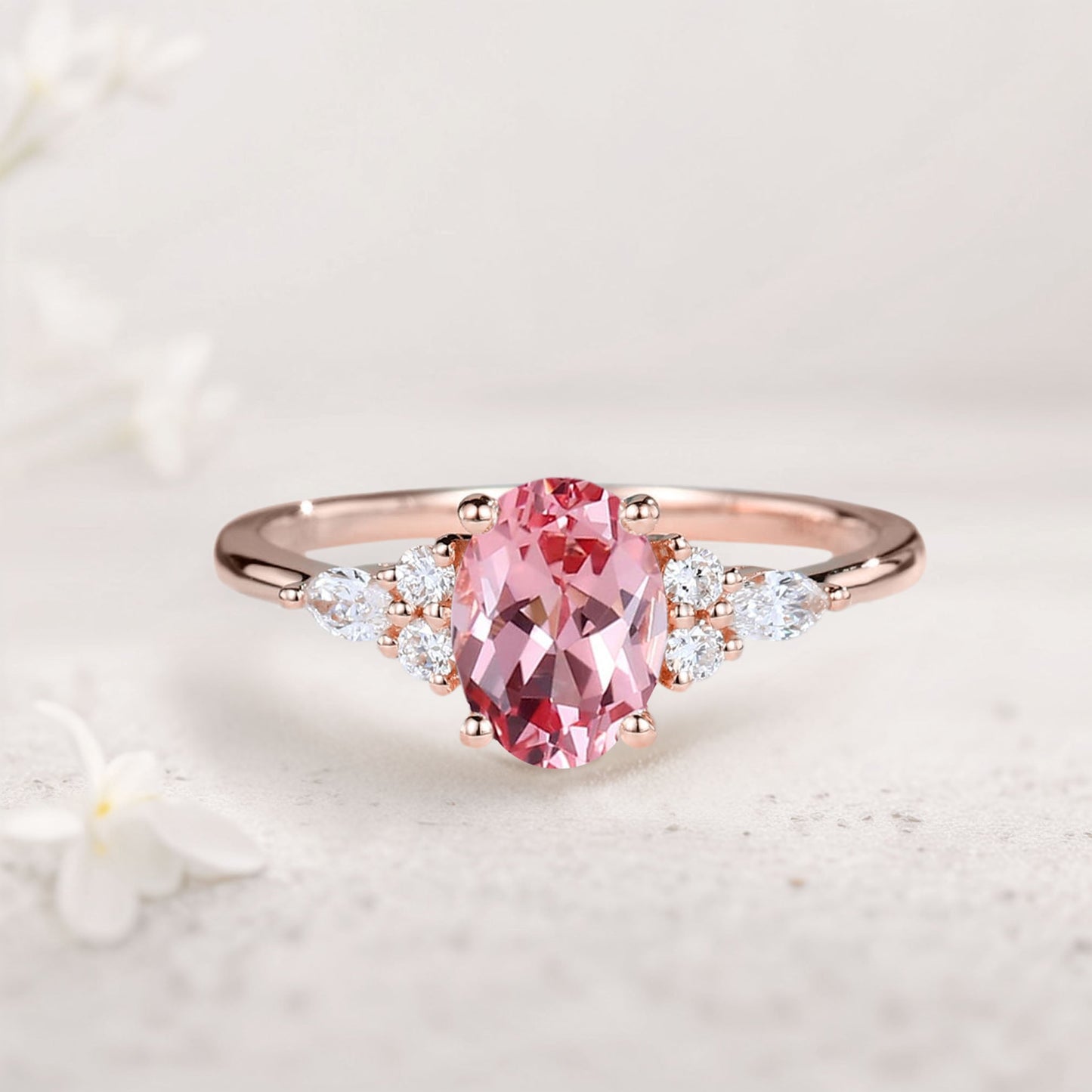 Vintage Oval Lab Padparadscha Cluster Engagement Ring