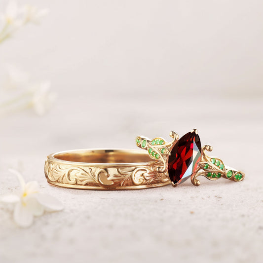 Unique Marquise Garnet Eternity Wedding Band Set Couple Rings Set