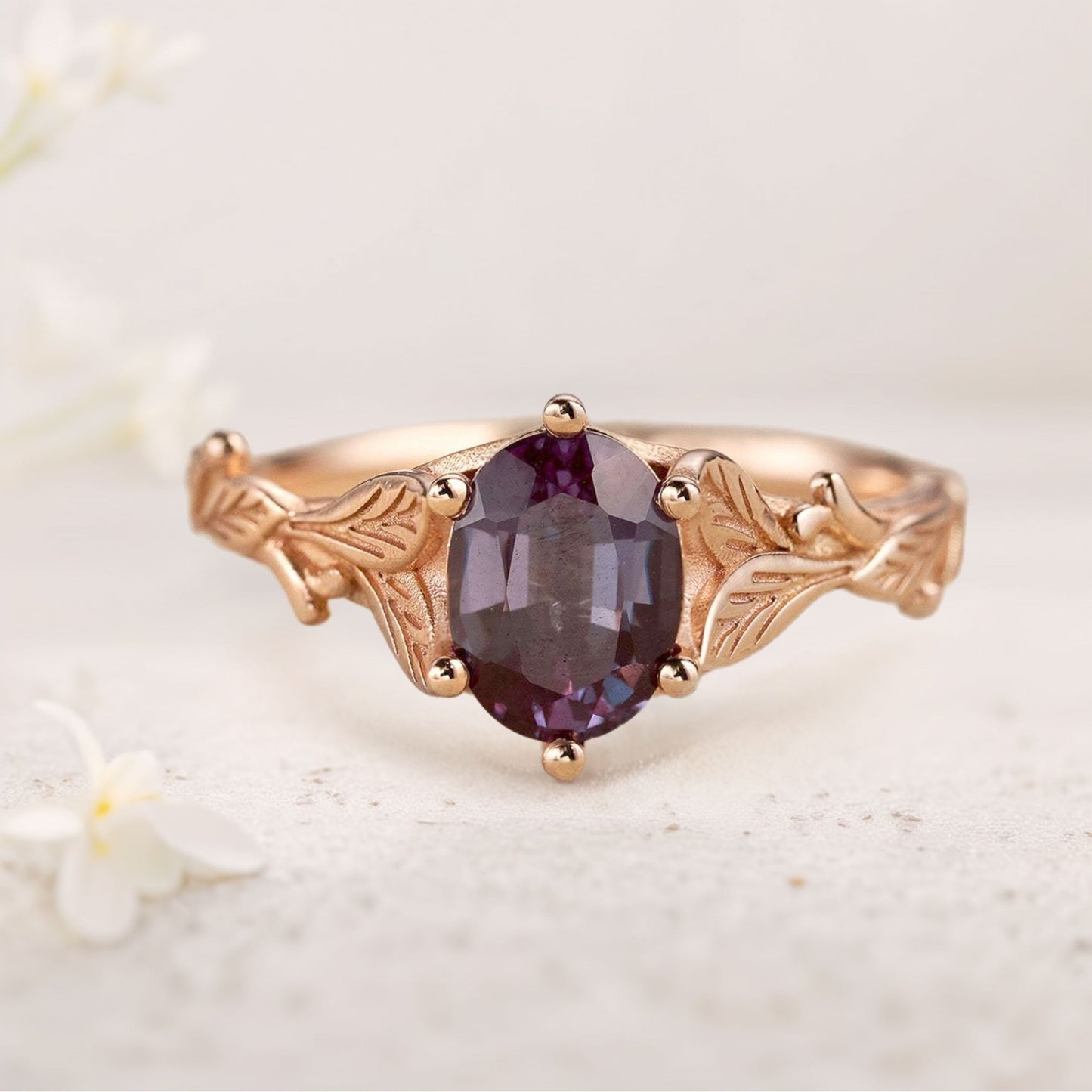 Unique floral engagement rings Oval Lab Alexandrite with Leaves Engagement Ring