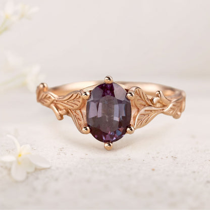 Unique floral engagement rings Oval Lab Alexandrite with Leaves Engagement Ring