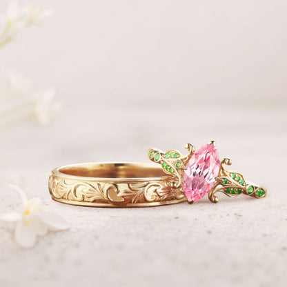 Vintage Marquise Lab Padparadscha Couple Promise Engagement Ring Set