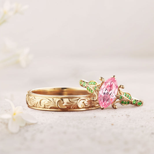 Vintage Marquise Lab Padparadscha Couple Promise Engagement Ring Set