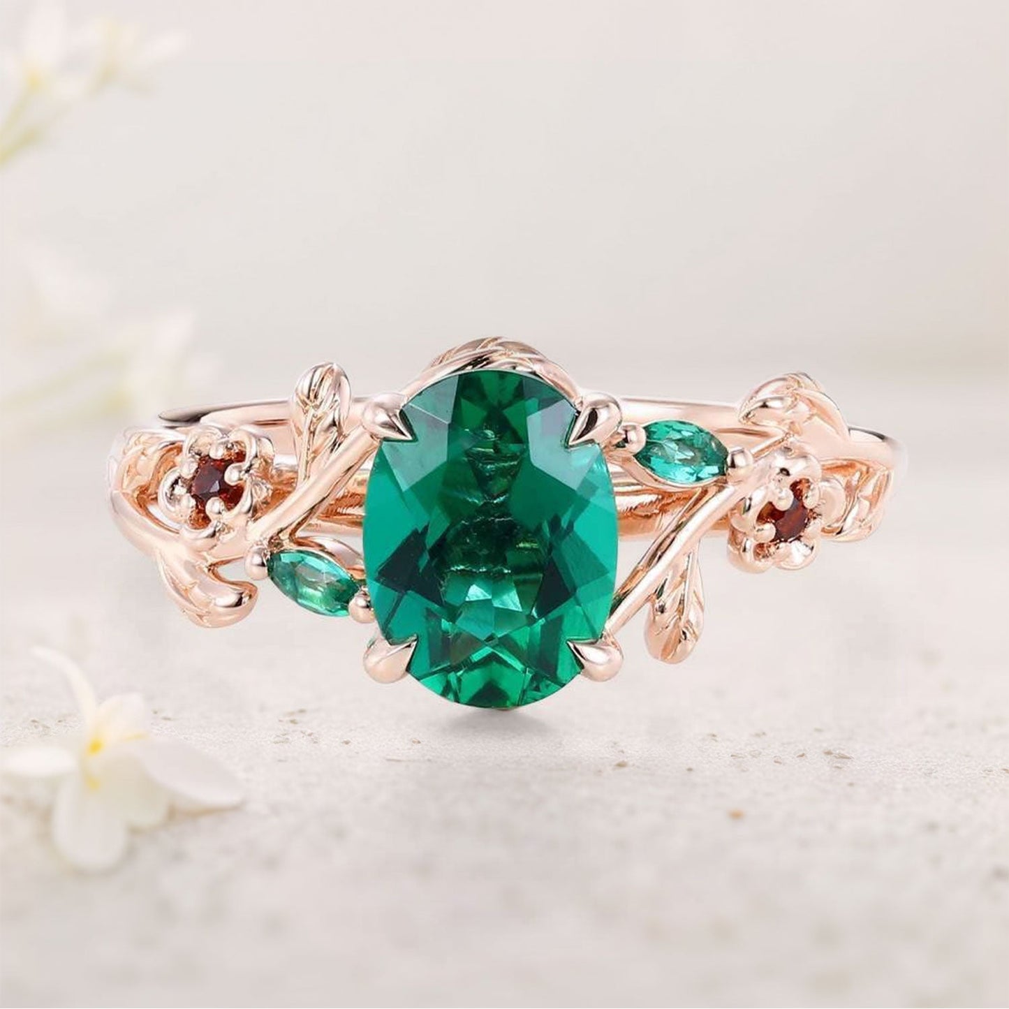 Unique Oval Lab Emerald Engagement Ring with Lab Ruby Accents