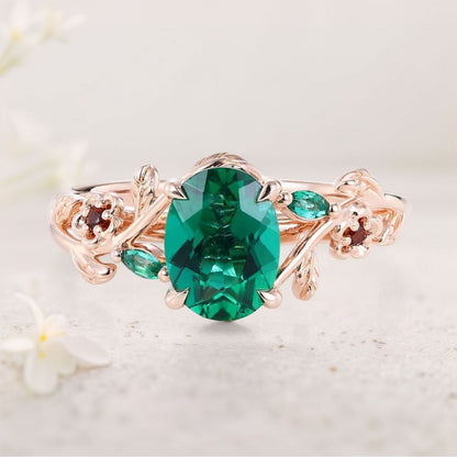 Unique Oval Lab Emerald Engagement Ring with Lab Ruby Accents