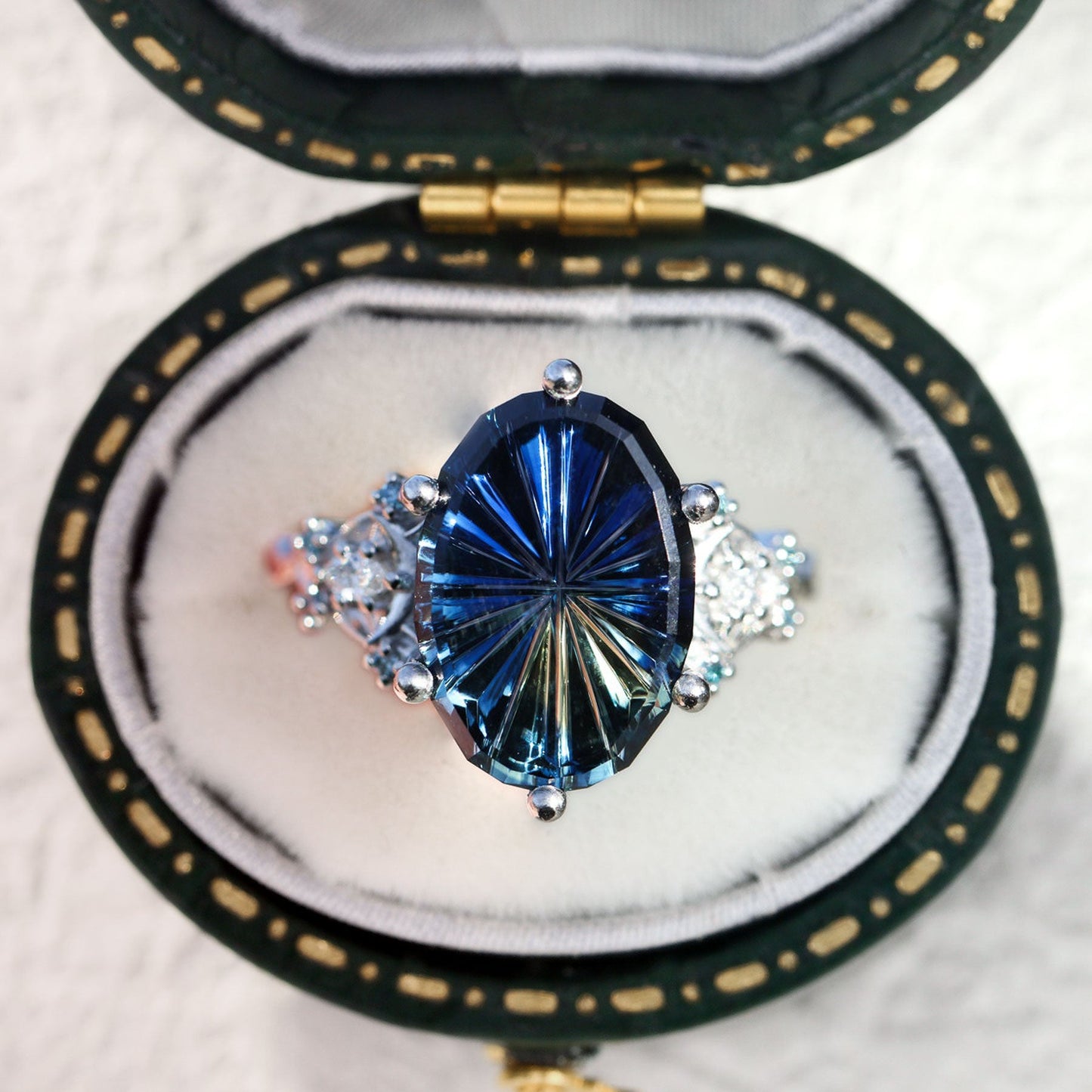 Unique Enchanted Moon Starbrite Cut Oval Blue Lab Sapphire Ring