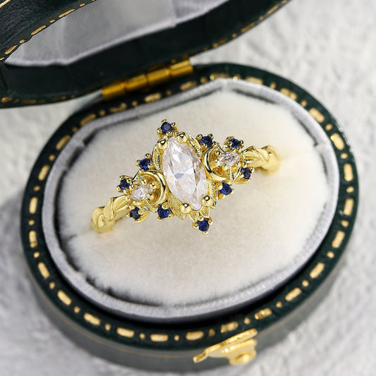 Unique Briar Moon Marquise Moissanite and Lab Blue Sapphire Ring