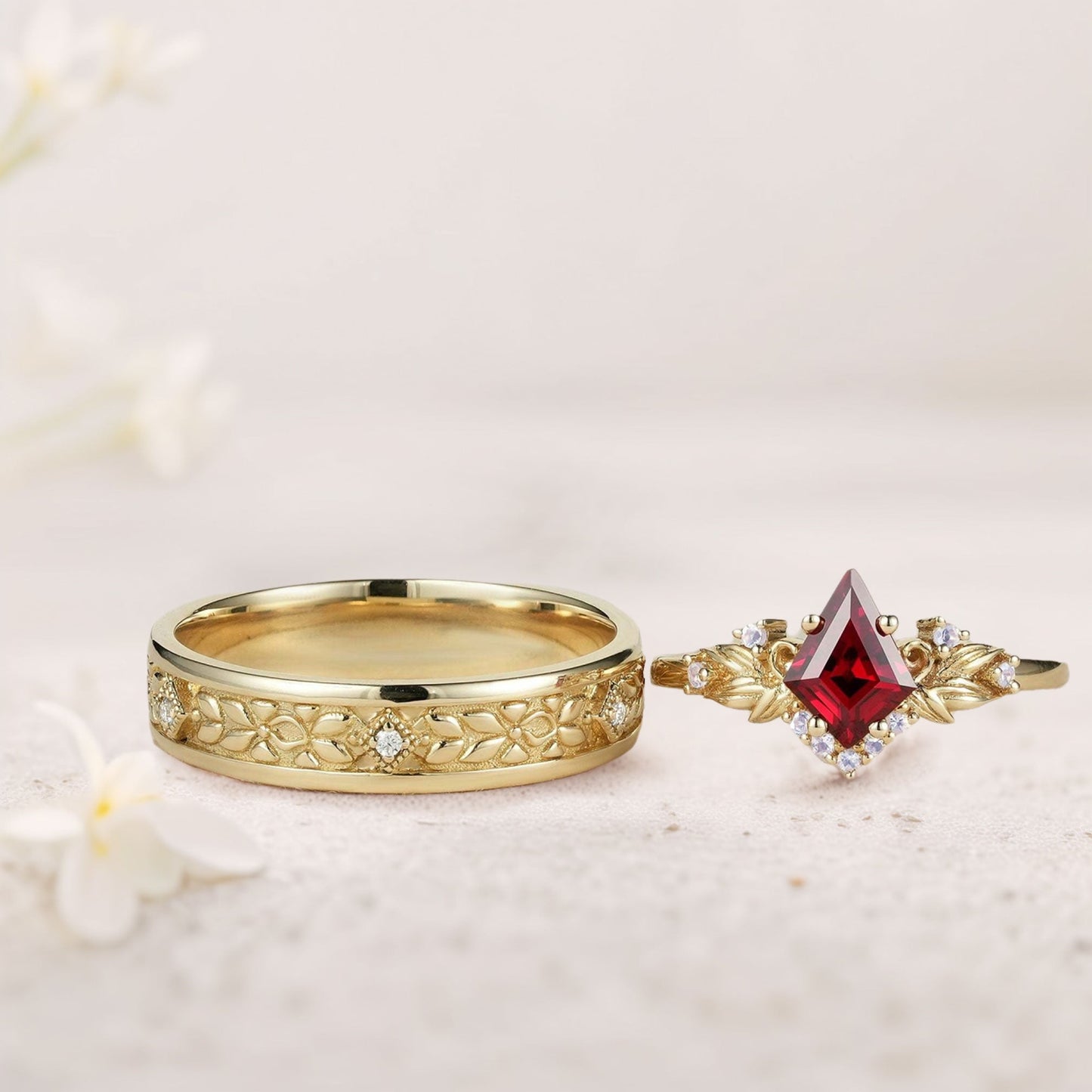 Vintage Kite Lab Ruby Promise Ring Engagement Ring Set for Couples