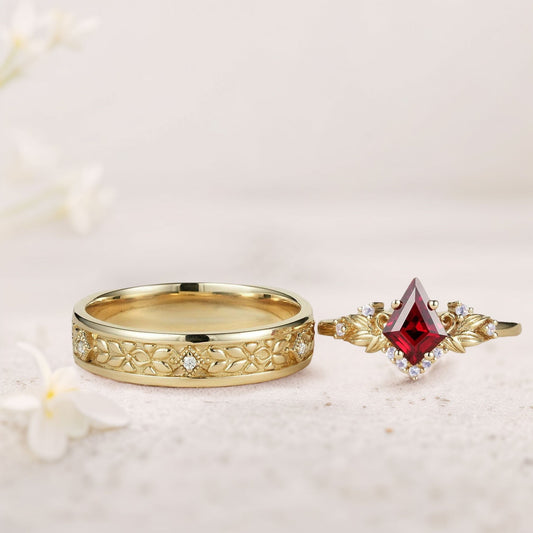 Vintage Kite Lab Ruby Promise Ring Engagement Ring Set for Couples