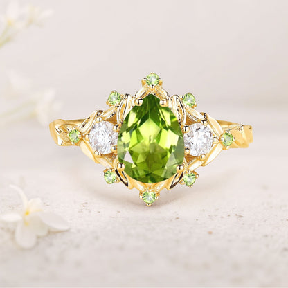 Unique floral engagement rings Pear Peridot Flower Engagement Ring Peridot Halo Leaf Wedding Ring