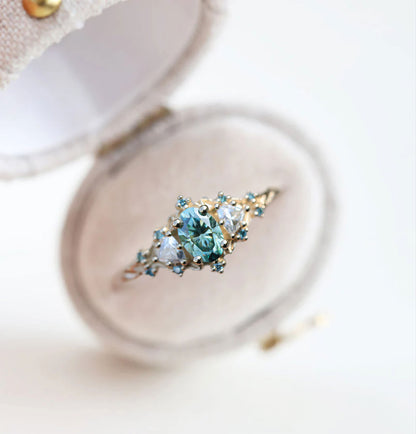 Unique Celeste Rose Oval Teal Moissanite Ring