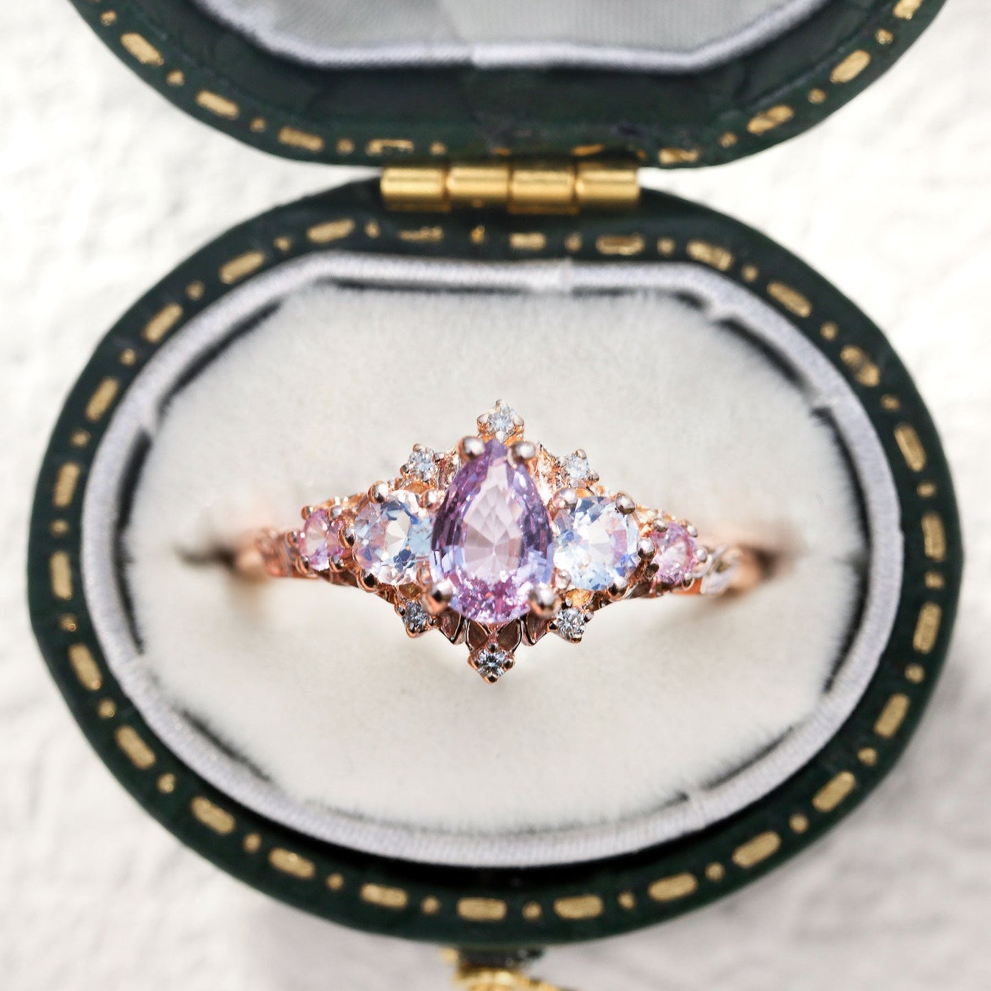 Unique Briar Rose Five Stone Pear Lab Padparadscha Ring