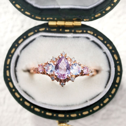 Unique Briar Rose Five Stone Pear Lab Padparadscha Ring