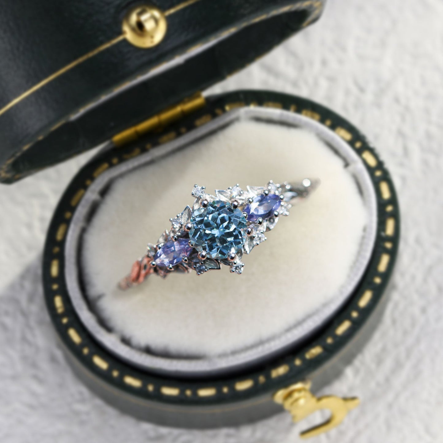 Unique Briar Rose Three Stone Round Lab Aquamarine and Tanzanite Ring