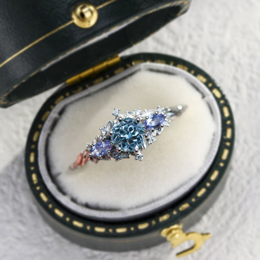 Unique Briar Rose Three Stone Round Lab Aquamarine and Tanzanite Ring