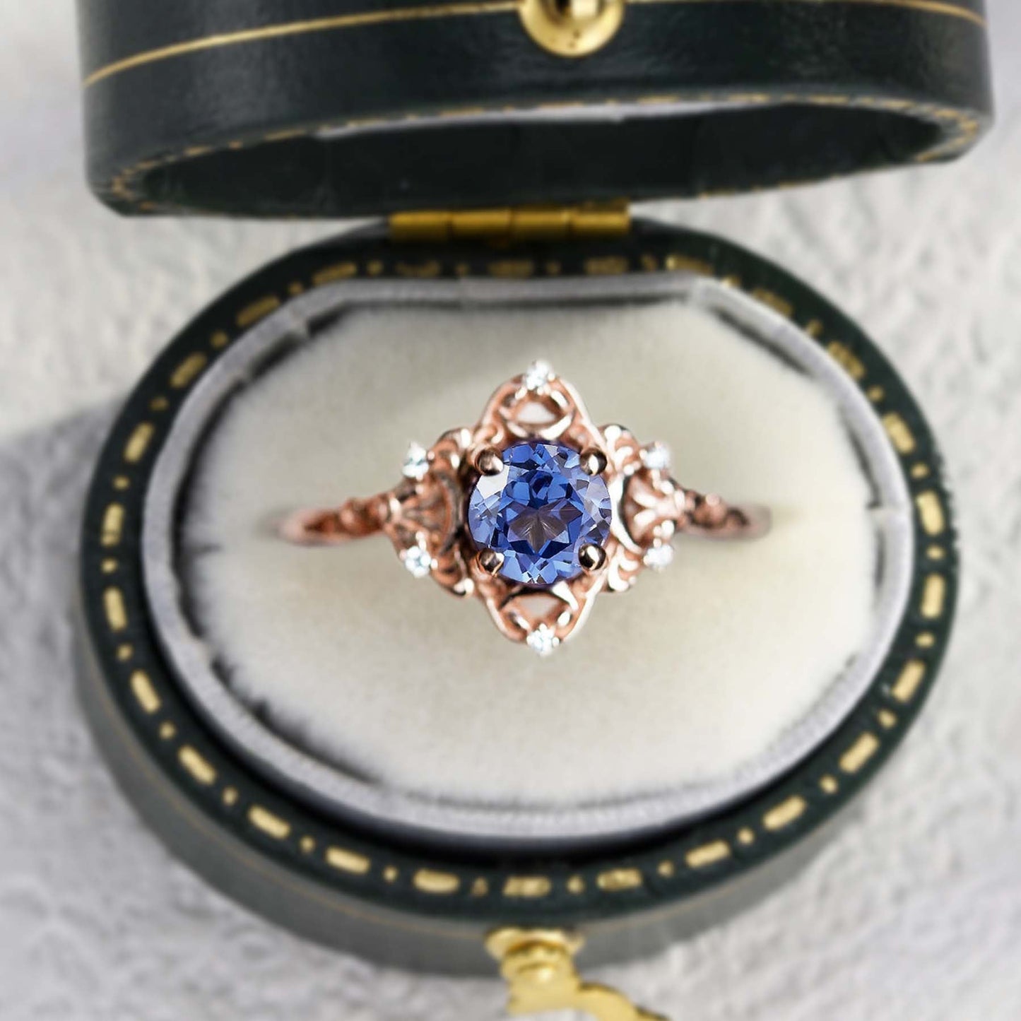 Unique Star Moons Round Lab Sapphire Ring