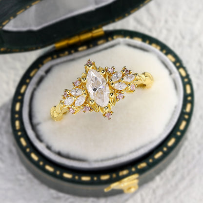 Unique Briar Rose Starlight Marquise Moissanite and Pink Lab Sapphire Ring