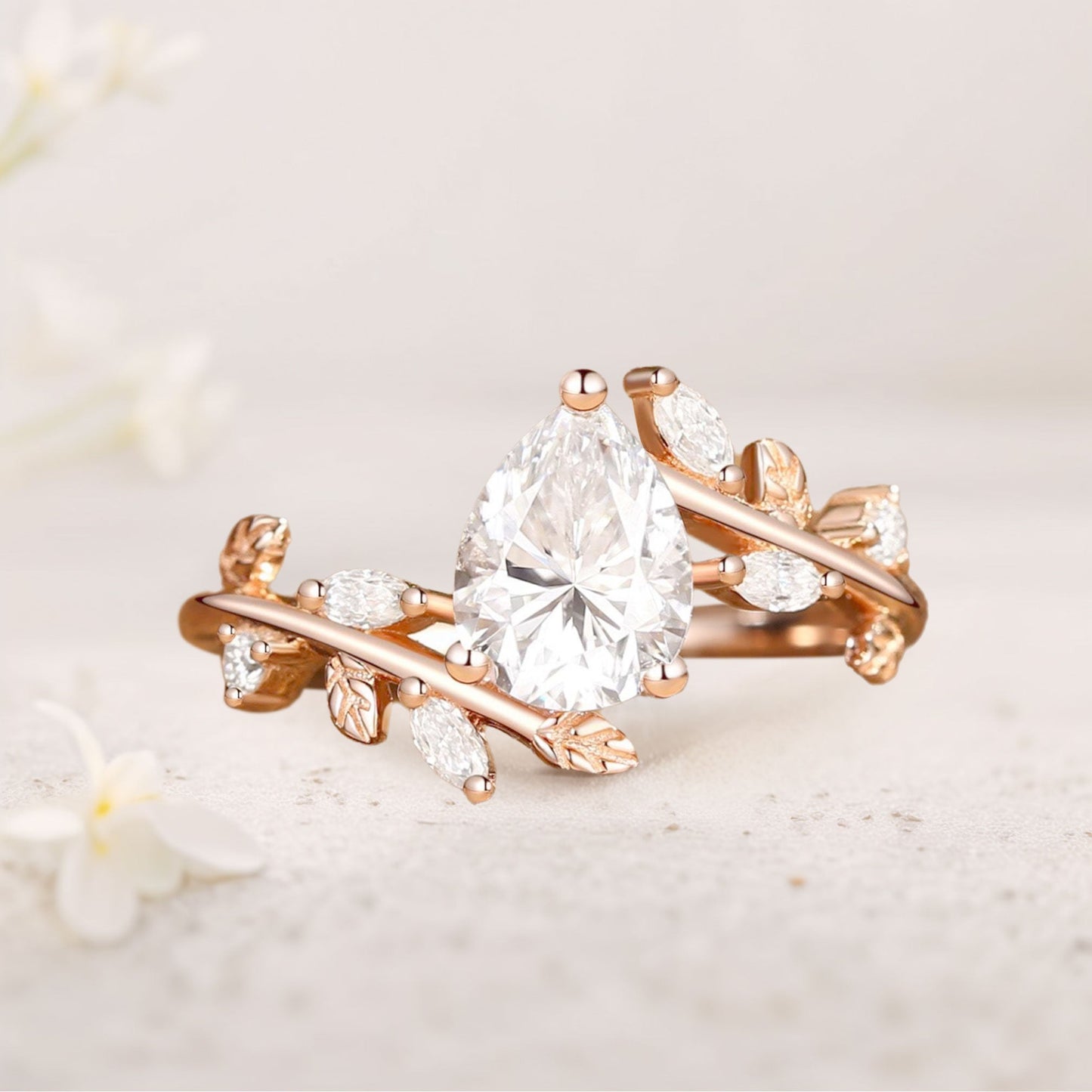 Unique floral engagement rings Pear Moissanite Branch Leafy Inspired Engagement Ring