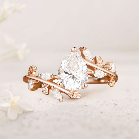 Unique floral engagement rings Pear Moissanite Branch Leafy Inspired Engagement Ring