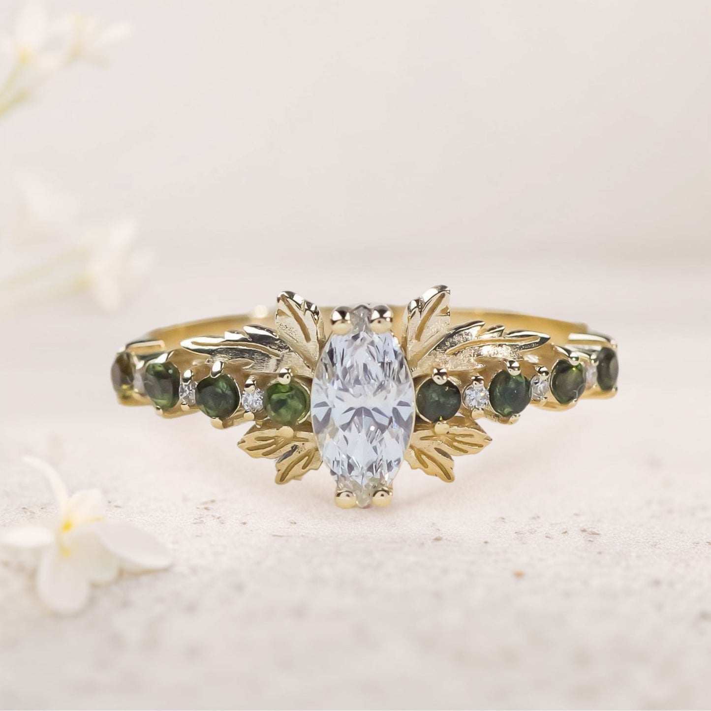 Unique floral engagement rings Marquise Moissanite and tourmalines engagement ring