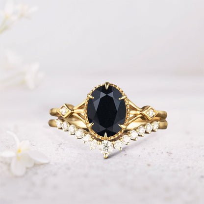 Vintage Oval Black Onyx and Moissanite Bridal Set