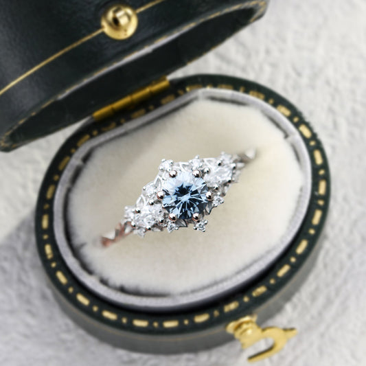 Unique Briar Rose Three Stone Round Grey Blue Moissanite Ring