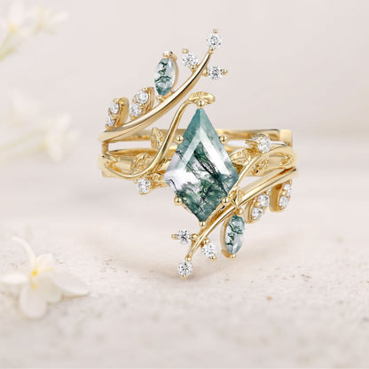Unique floral engagement rings Kite Moss Agate Cage Leafy Engagement Ring Set