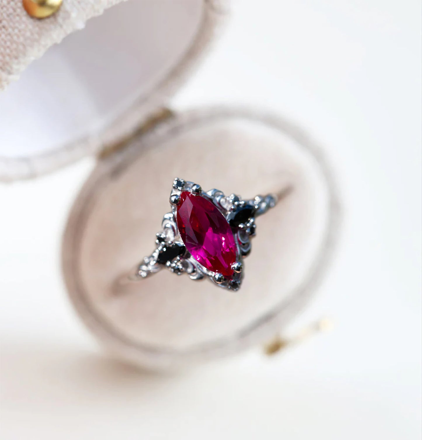 Unique Aurora Three Stone Marquise Ruby and Black Onyx Ring