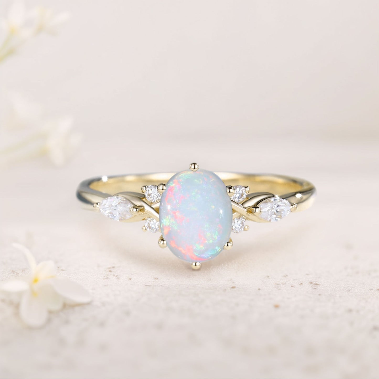Vintage Oval Lab Opal and Moissanite Engagement Ring