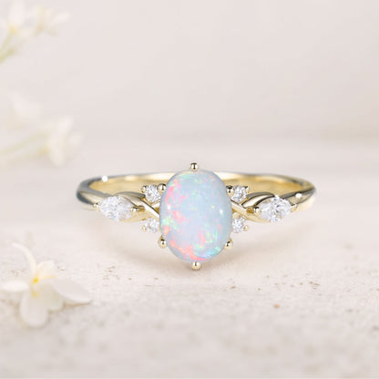Vintage Oval Lab Opal and Moissanite Engagement Ring