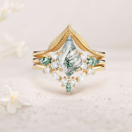 Unique floral engagement rings Kite Moss Agate Leafy Engagement Bridal Set