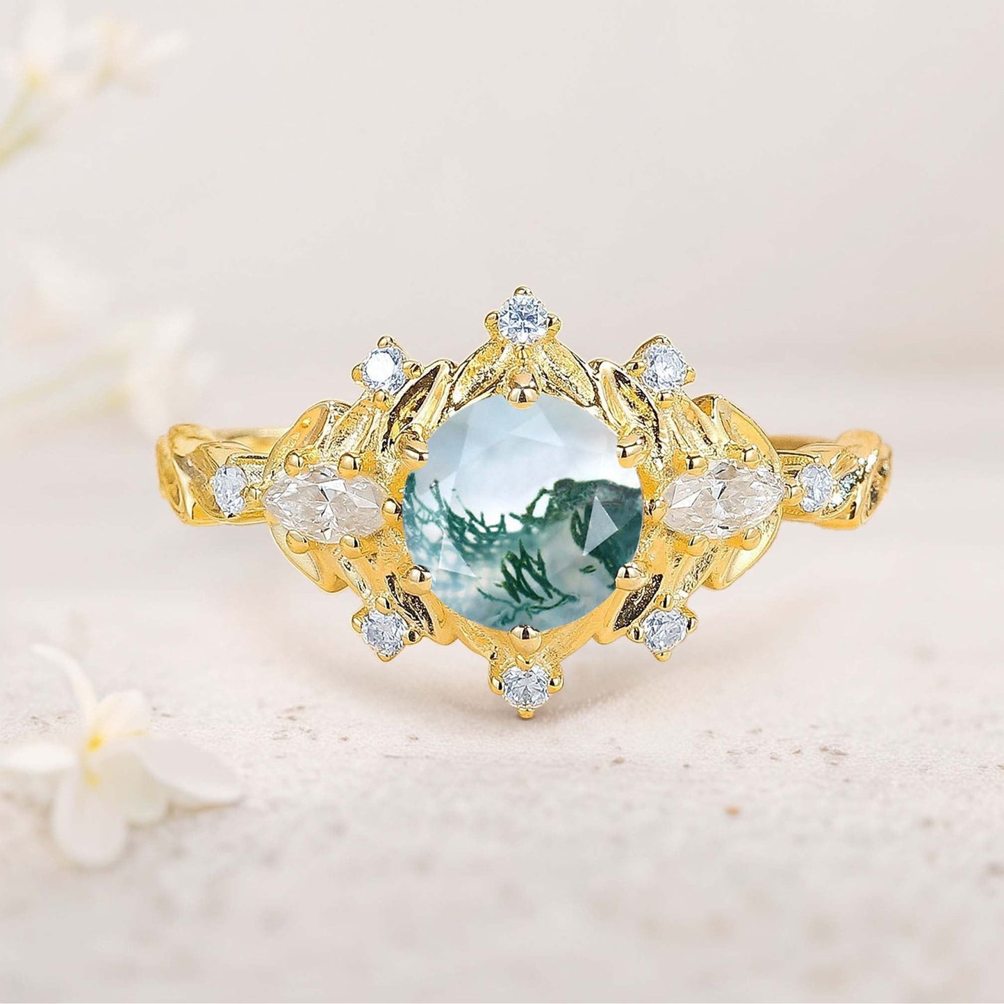 Unique floral engagement rings Round Citrine Flower Engagement Ring Art Deco Leaf Wedding Ring