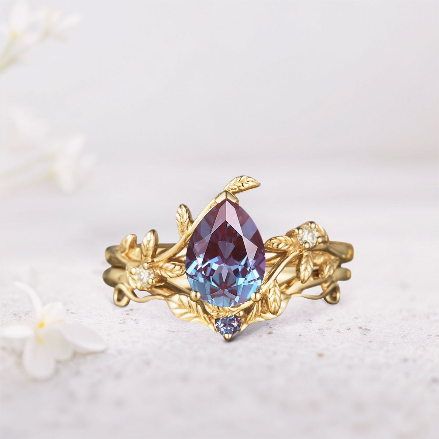 Unique Pear Lab Alexandrite Wedding Ring Set with Leaf Band