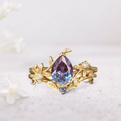 Unique Pear Lab Alexandrite Wedding Ring Set with Leaf Band