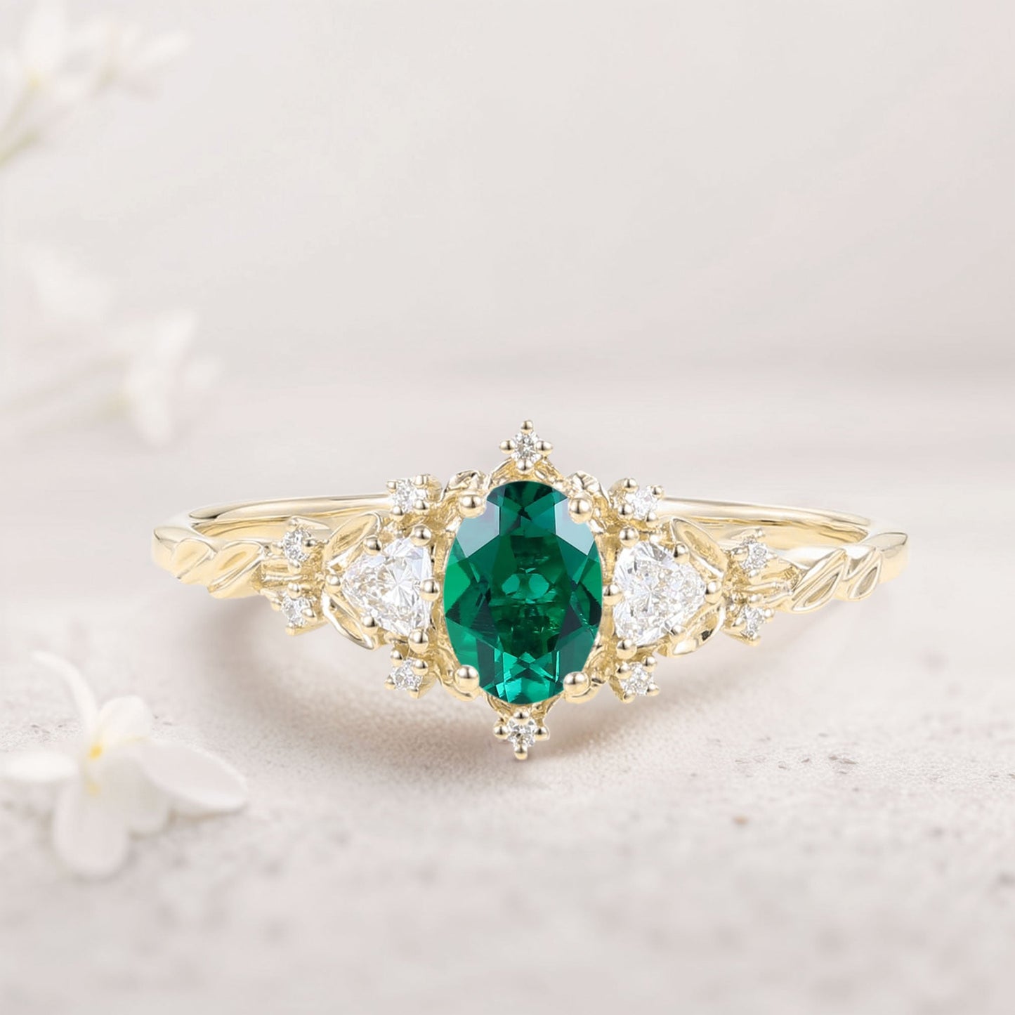 Classic Briar Rose Oval Lab Emerald Olive Leaves Engagement Ring Fairy Ring