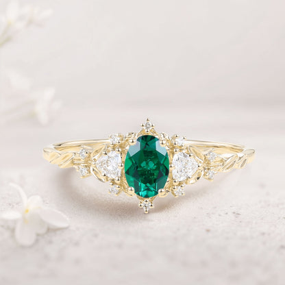 Classic Briar Rose Oval Lab Emerald Olive Leaves Engagement Ring Fairy Ring